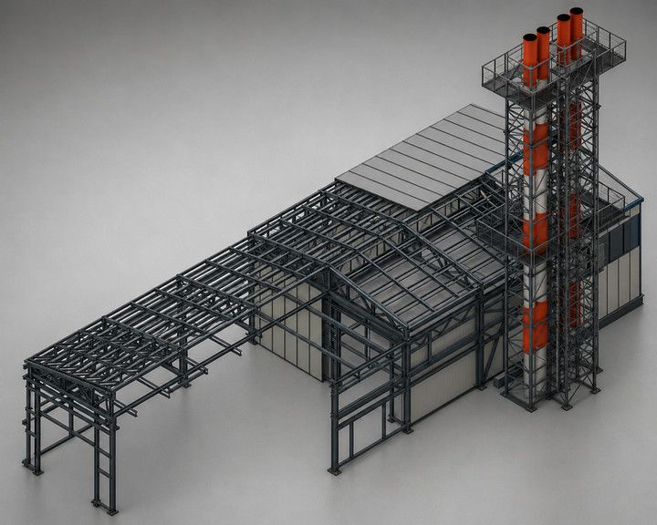 Котельная с решётчатой башней под дымовые трубы — 3D-рендер
