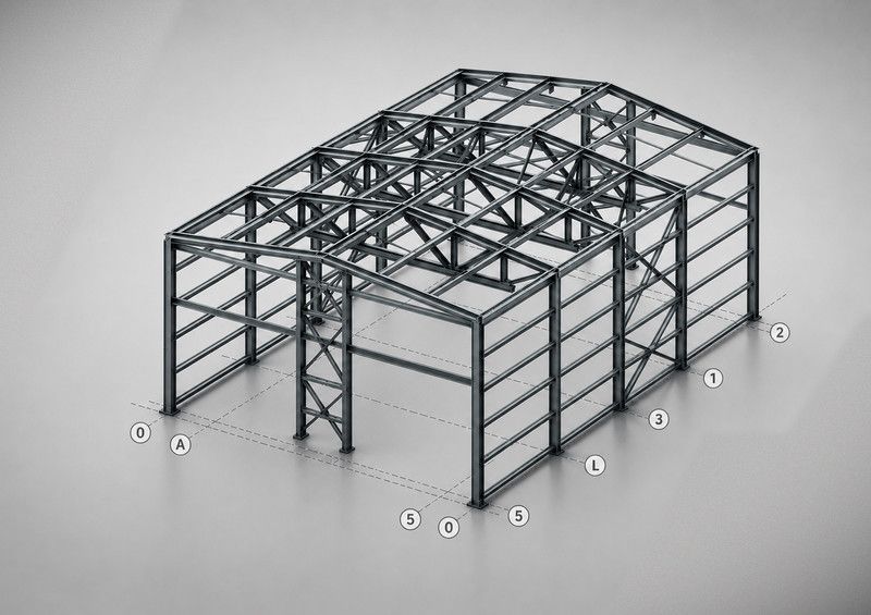 Каркас склада-навеса 15,7 × 22 м — 3D-рендер