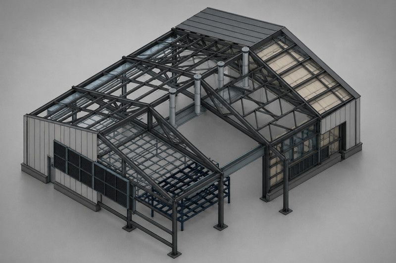 Птичник клеточного содержания 15 × 48 м — 3D-рендер