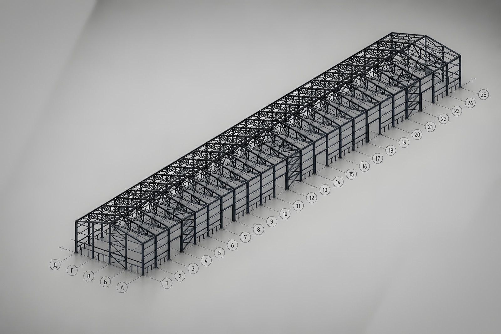 Каркас склада 20 × 125 м — 3D-рендер