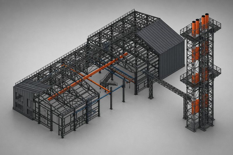 Каркас энергетического здания с башней — 3D-рендер